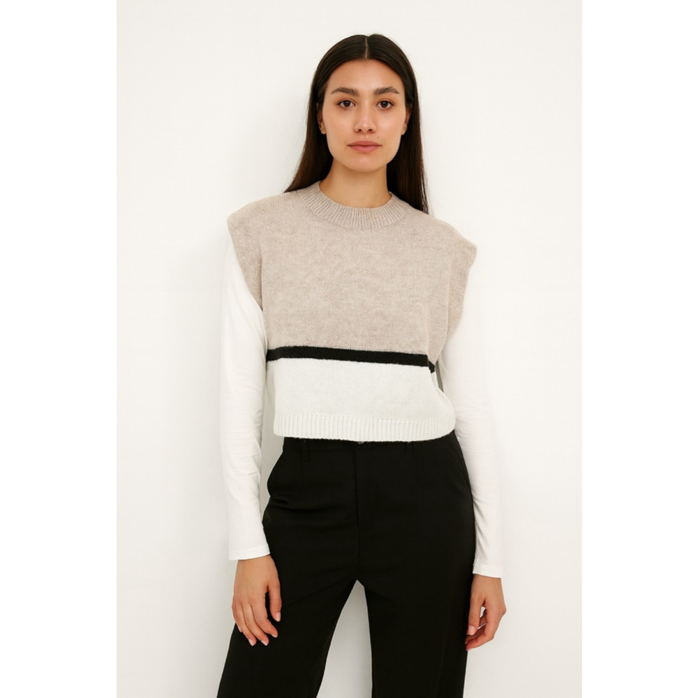 Dazy Women's Beige Black White Striped V Neck Sweater Vest Large